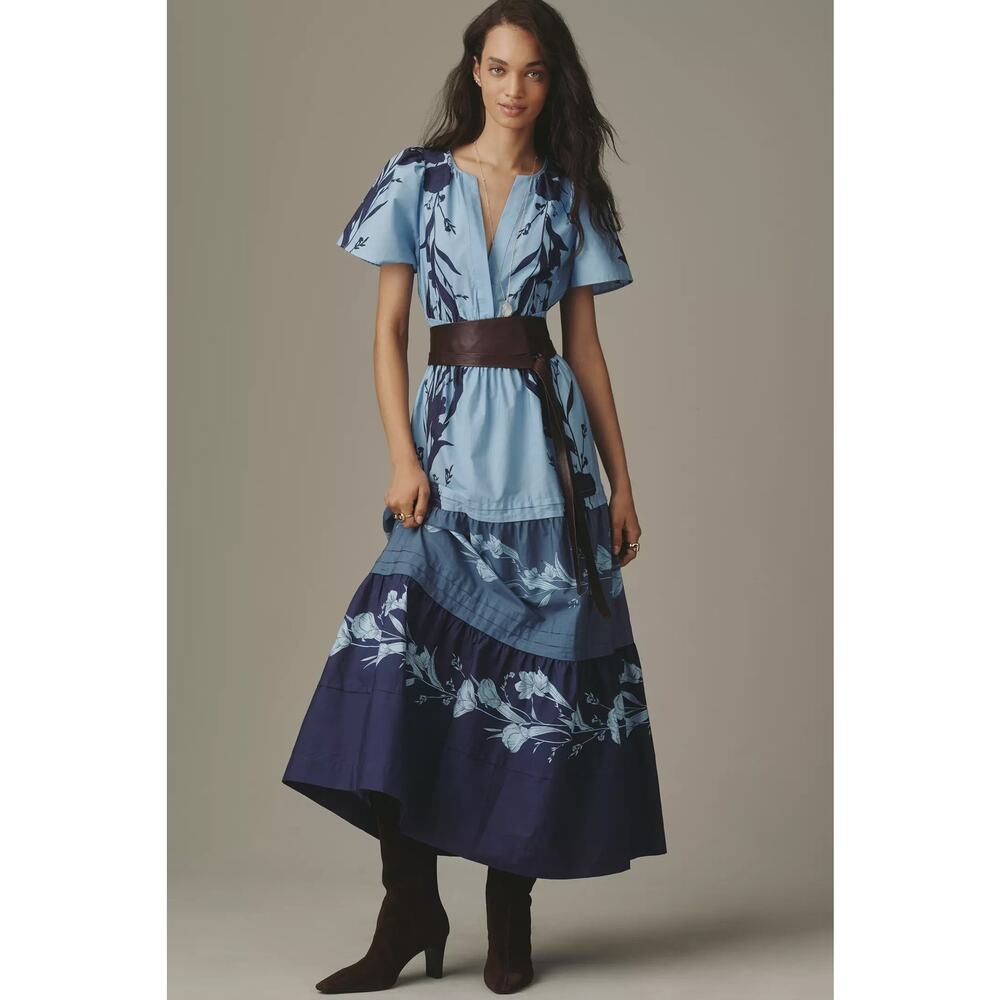 nwt by ANTHRPOLOGIE sz S Somerset Maxi Dress Soft Blue Motif